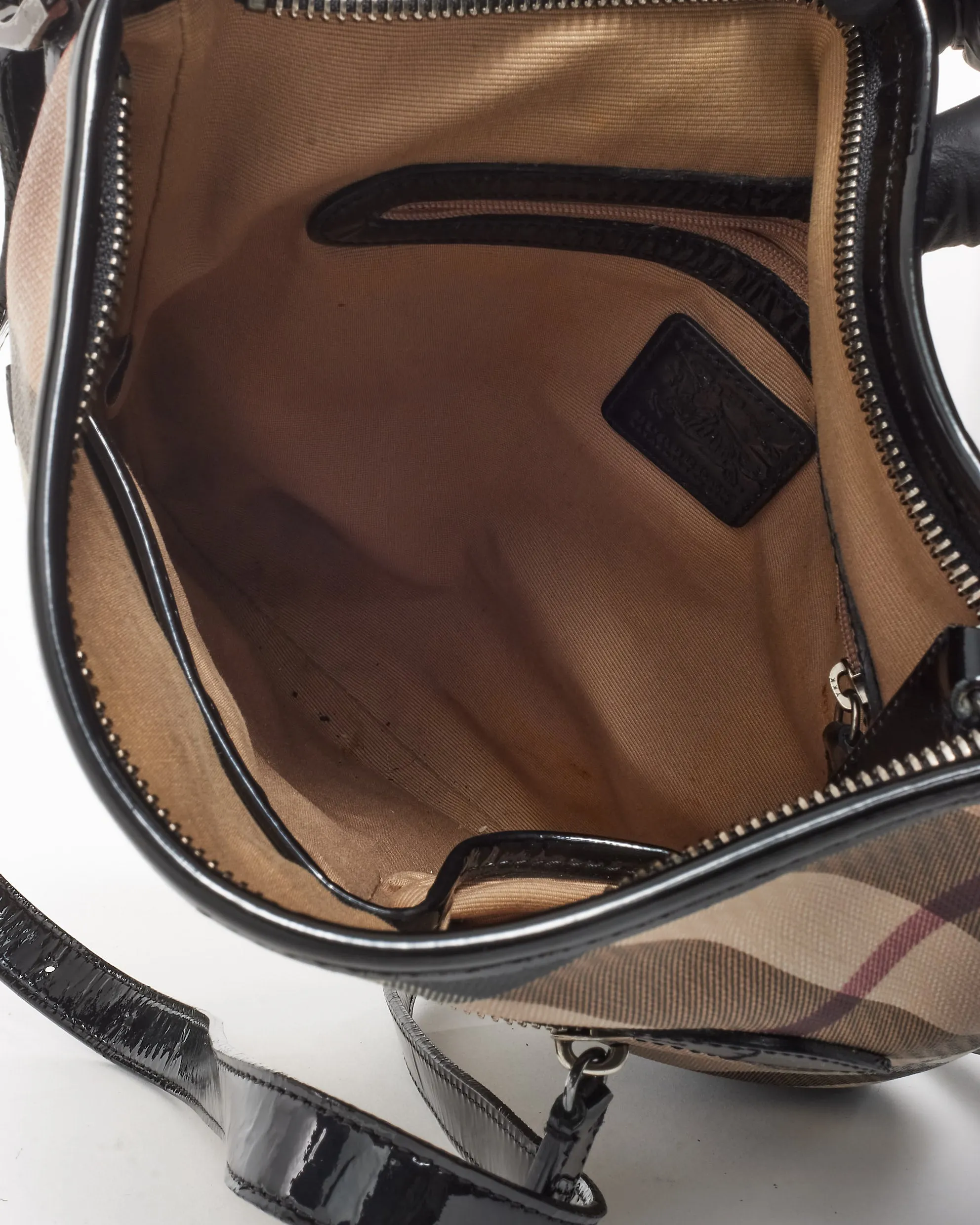 Burberry Beige Nova Check Coated Canvas Black Patent Trim Dryden Crossbody Bag