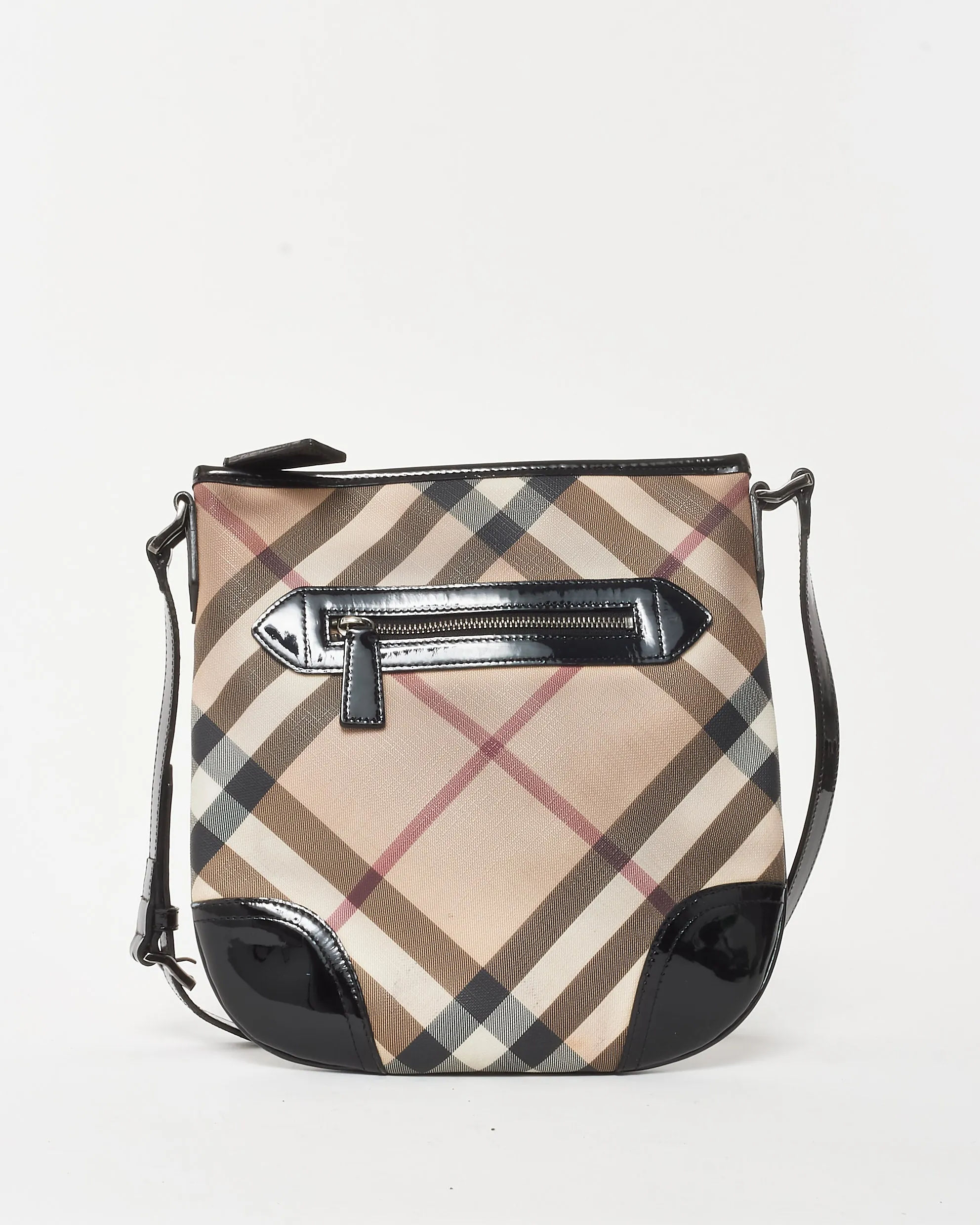 Burberry Beige Nova Check Coated Canvas Black Patent Trim Dryden Crossbody Bag