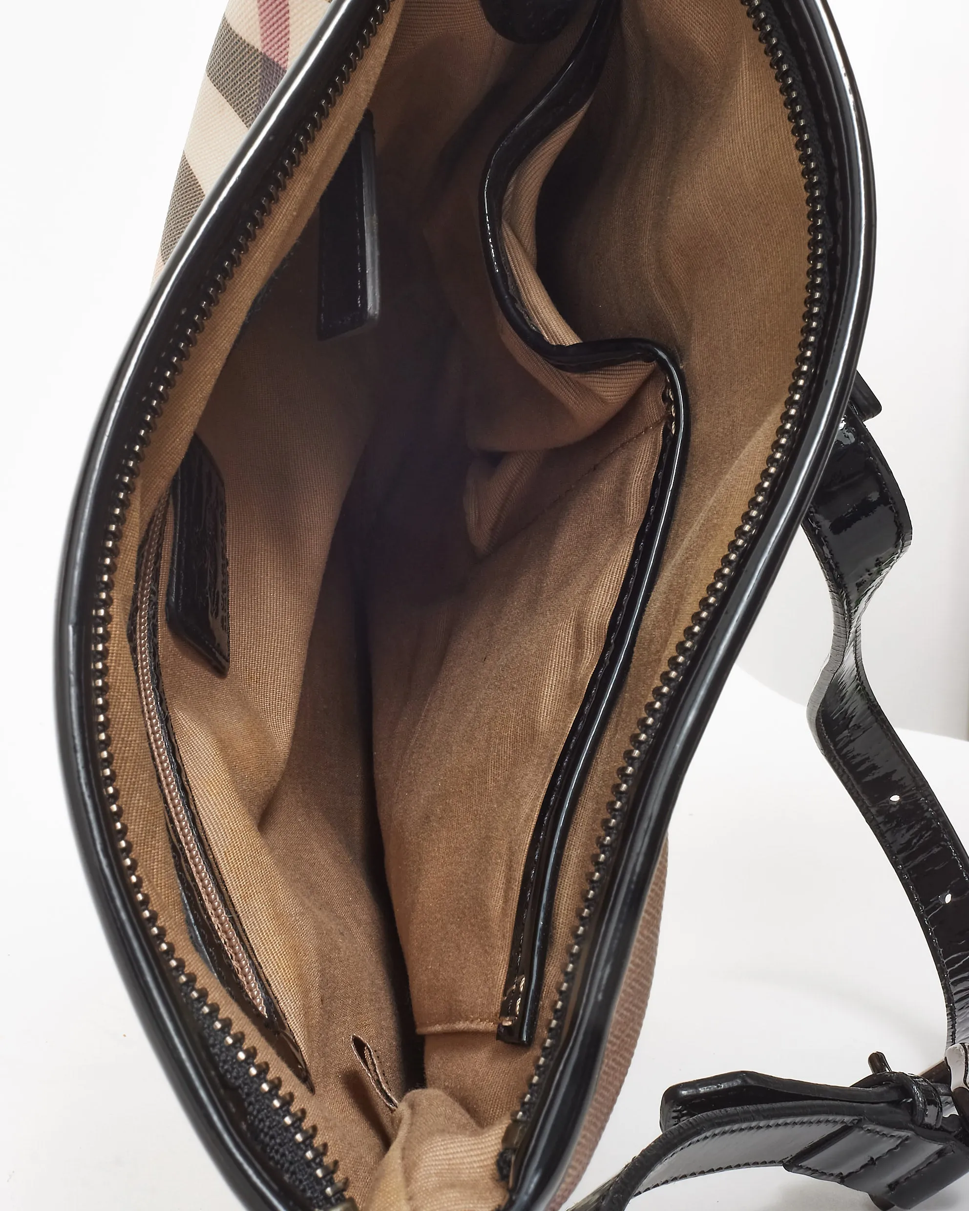 Burberry Beige Nova Check Coated Canvas Black Patent Trim Dryden Crossbody Bag