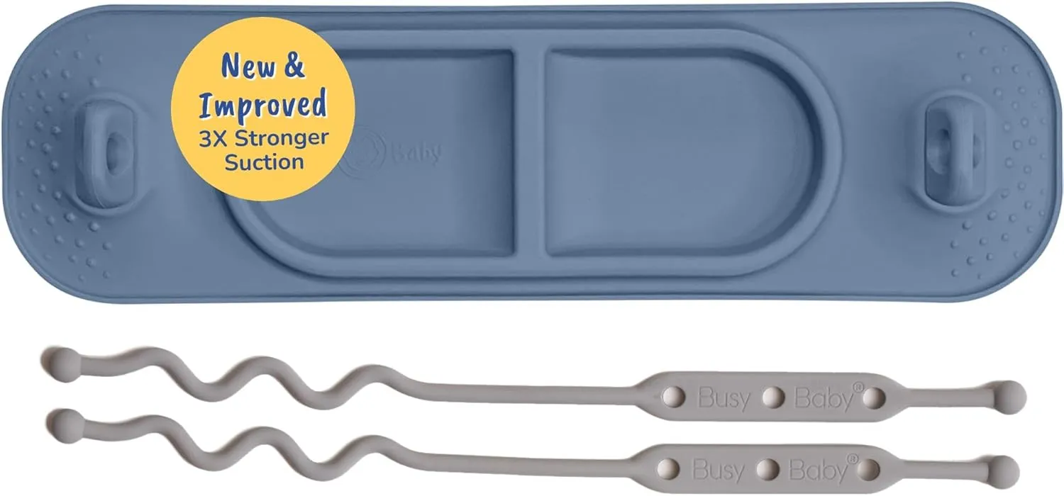 BUSY BABY Silicone Mini Mat - New and Improved Suction Cups, 2 Straps to Secure Baby Essentials, Self Feeding, Baby Led Weaning, Travel Wet Bag Included (Pewter Mini)