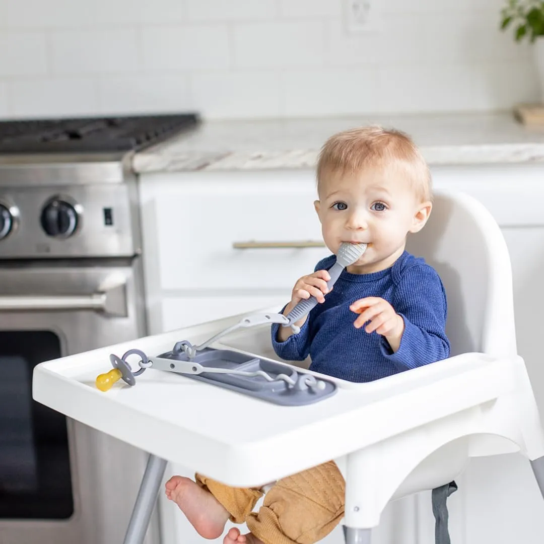 BUSY BABY Silicone Mini Mat - New and Improved Suction Cups, 2 Straps to Secure Baby Essentials, Self Feeding, Baby Led Weaning, Travel Wet Bag Included (Pewter Mini)
