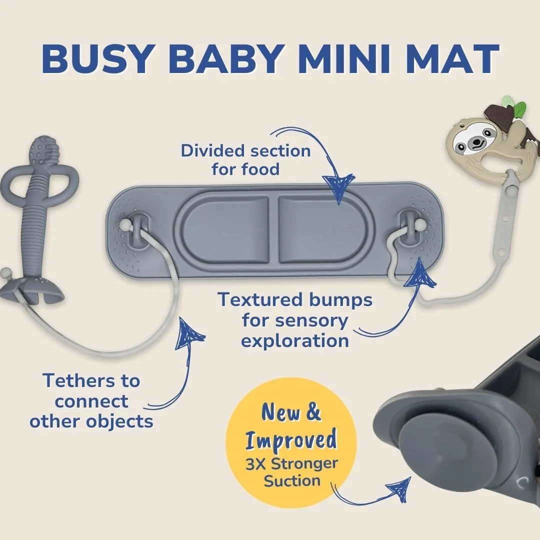 BUSY BABY Silicone Mini Mat - New and Improved Suction Cups, 2 Straps to Secure Baby Essentials, Self Feeding, Baby Led Weaning, Travel Wet Bag Included (Pewter Mini)