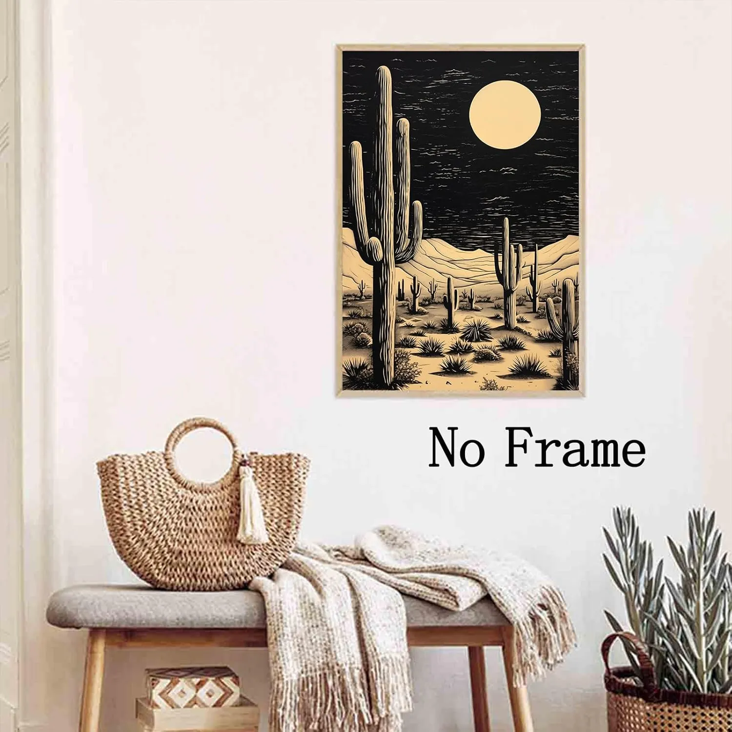 Cactus Desert Wall Art Black Western Canvas Southwest Theme Pictures Western Cactus Artwork Vintage Cactus Print Desert Night Landscape Poster Cowboy Artwork Cactus Western Painting 16x24inch No Frame