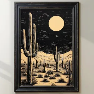 Cactus Desert Wall Art Black Western Canvas Southwest Theme Pictures Western Cactus Artwork Vintage Cactus Print Desert Night Landscape Poster Cowboy Artwork Cactus Western Painting 16x24inch No Frame