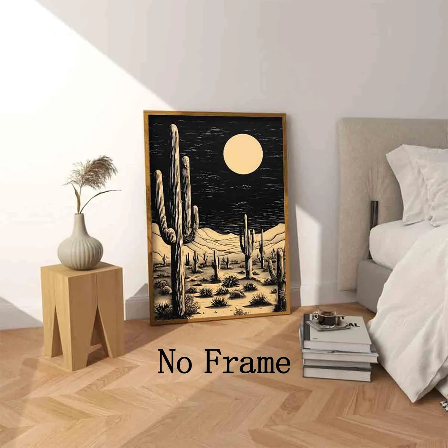 Cactus Desert Wall Art Black Western Canvas Southwest Theme Pictures Western Cactus Artwork Vintage Cactus Print Desert Night Landscape Poster Cowboy Artwork Cactus Western Painting 16x24inch No Frame