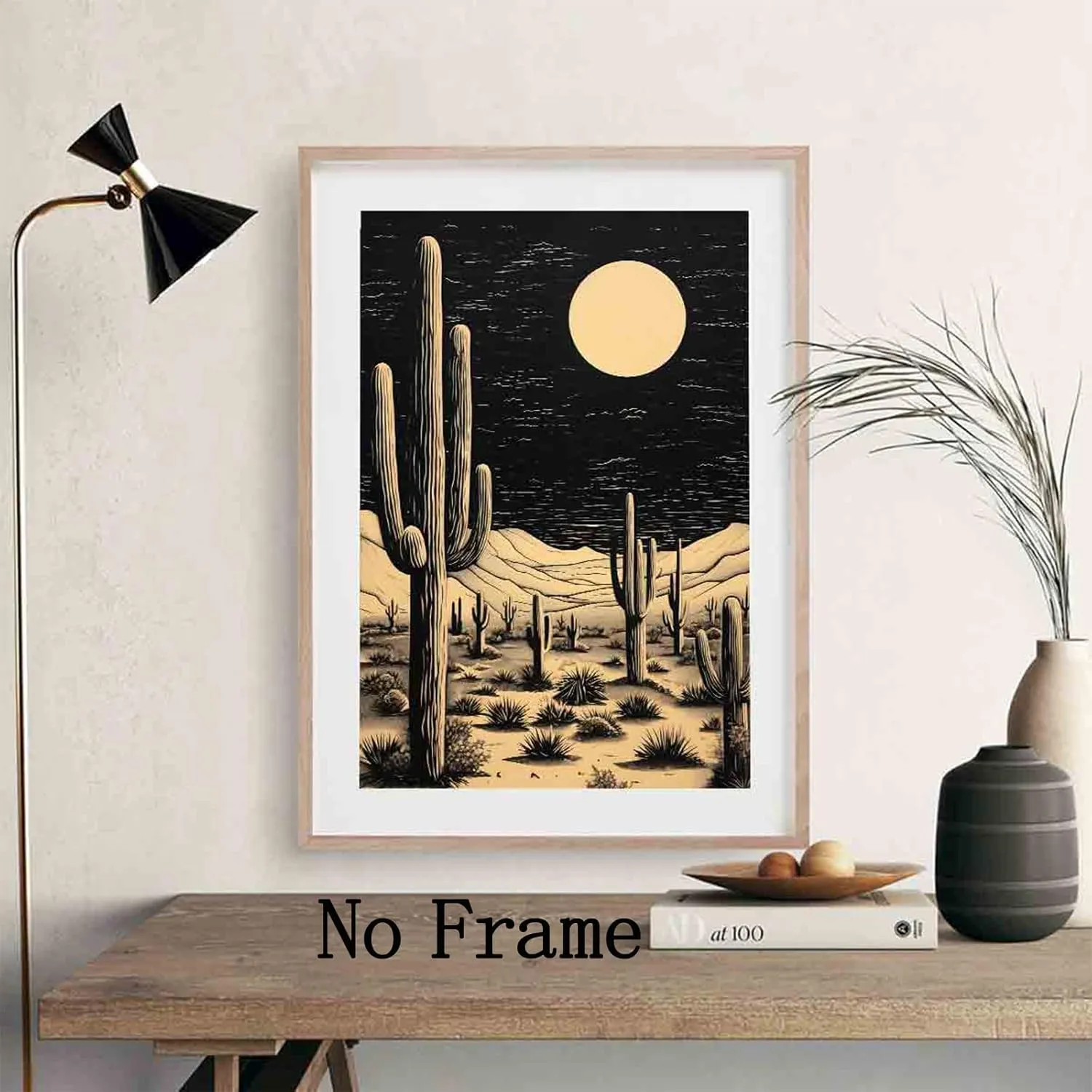 Cactus Desert Wall Art Black Western Canvas Southwest Theme Pictures Western Cactus Artwork Vintage Cactus Print Desert Night Landscape Poster Cowboy Artwork Cactus Western Painting 16x24inch No Frame