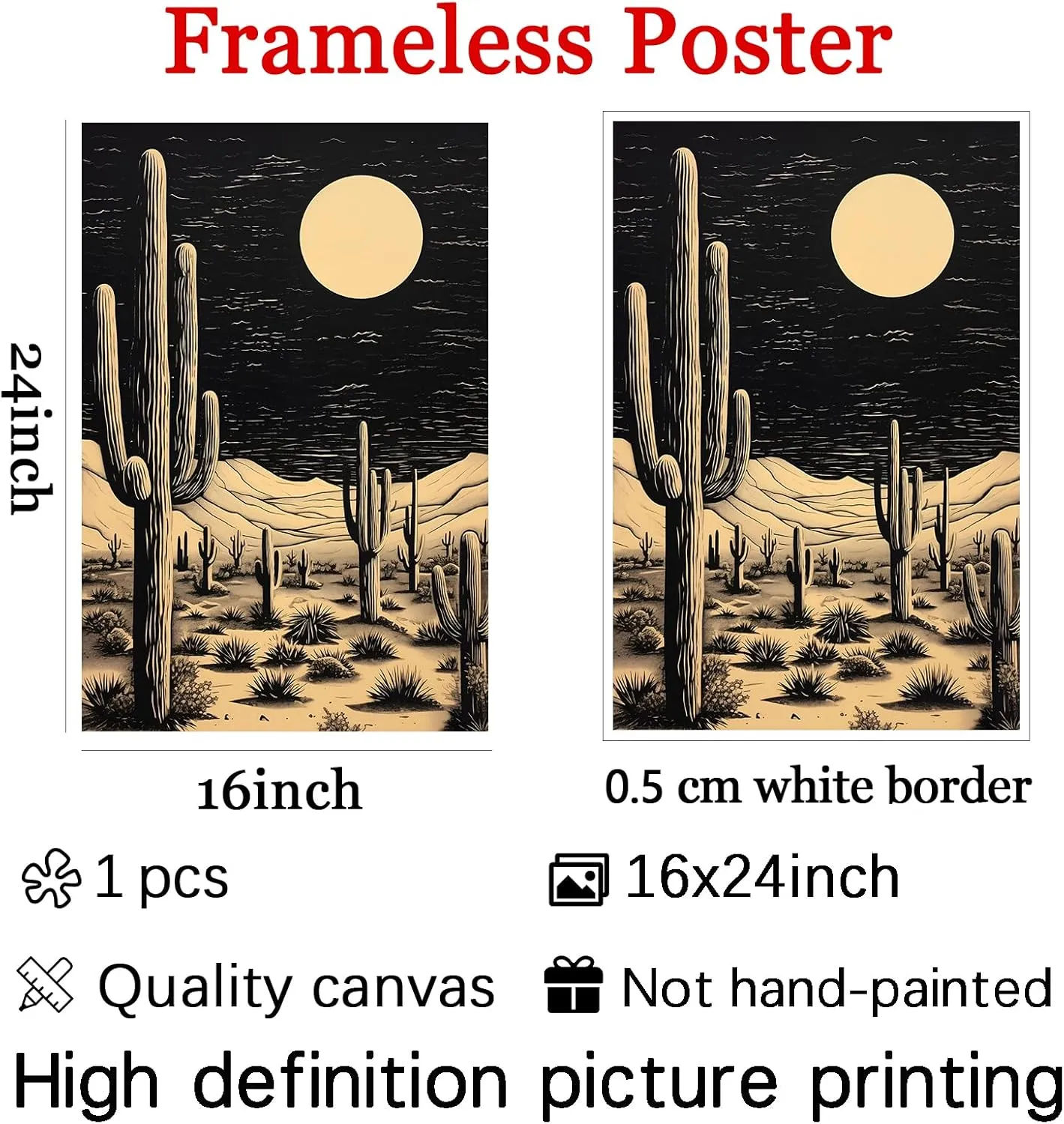 Cactus Desert Wall Art Black Western Canvas Southwest Theme Pictures Western Cactus Artwork Vintage Cactus Print Desert Night Landscape Poster Cowboy Artwork Cactus Western Painting 16x24inch No Frame