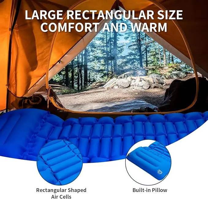 Camping Sleeping Pad Inflatable Sleeping Mat with Pillow Built-in Pump Compact Ultralight Waterproof Camping Air Mattress for Backpacking, Hiking, Tent, Traveling & Outdoor Blue