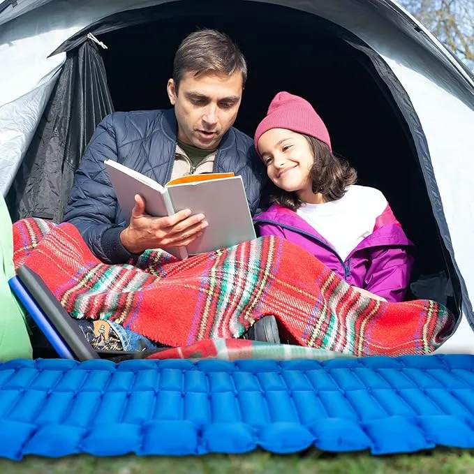 Camping Sleeping Pad Inflatable Sleeping Mat with Pillow Built-in Pump Compact Ultralight Waterproof Camping Air Mattress for Backpacking, Hiking, Tent, Traveling & Outdoor Blue