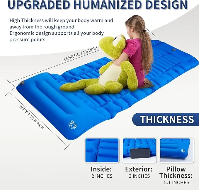 Camping Sleeping Pad Inflatable Sleeping Mat with Pillow Built-in Pump Compact Ultralight Waterproof Camping Air Mattress for Backpacking, Hiking, Tent, Traveling & Outdoor Blue