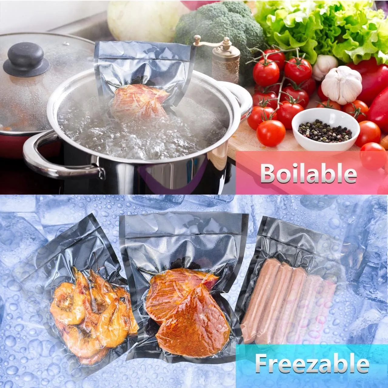 CANLENPK 6x8 Inch/15x20cm Vacuum Seal Bags Black Back and Clear Front,Food Storage Bag,Seal Meal Snack Fruit Nut,Boil Steam Heat Freeze,Commercial Grade Heavy Duty Sealable Bags (100PCS, Black Back)