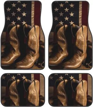 Car Floor Mats 4 Piece Universal Crystal Velvet Car Mat Set American Flag with Cowboy Boots Car Floor Mats Non-Slip Floor Mats for Car Car Liner Decor Accessories Car Foot Pad for Most Vehicles