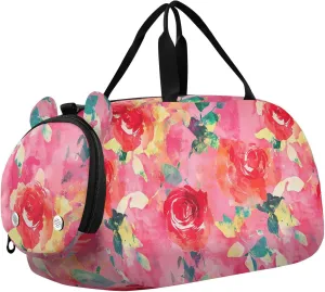 Cartoon Rose Hot Peach Watercolor Kids Duffel Bag with Shoes Compartment Lightweight Overnight Weekender Carry On Travel Bag for Beach Swim Bags Pool Sports
