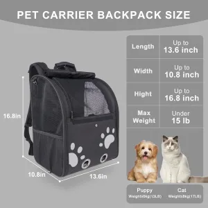 Cat Backpack Carrier, Breathable Cat Carrier Large Space UP 15 lb, Large Reflective Pet Carrier Backpack, Ventilated Mesh Dog Travel Pet Backpack for Hiking Walking Outdoor (Black).