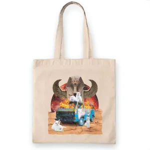 Cat Chaos Collage Egypt Monument Gift for Pet Lovers Unique Design Natural White Multicolor Canvas Tote Bag
