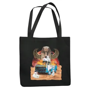 Cat Chaos Collage Egypt Monument Gift for Pet Lovers Unique Design Navy Black Multicolor Canvas Tote Bag