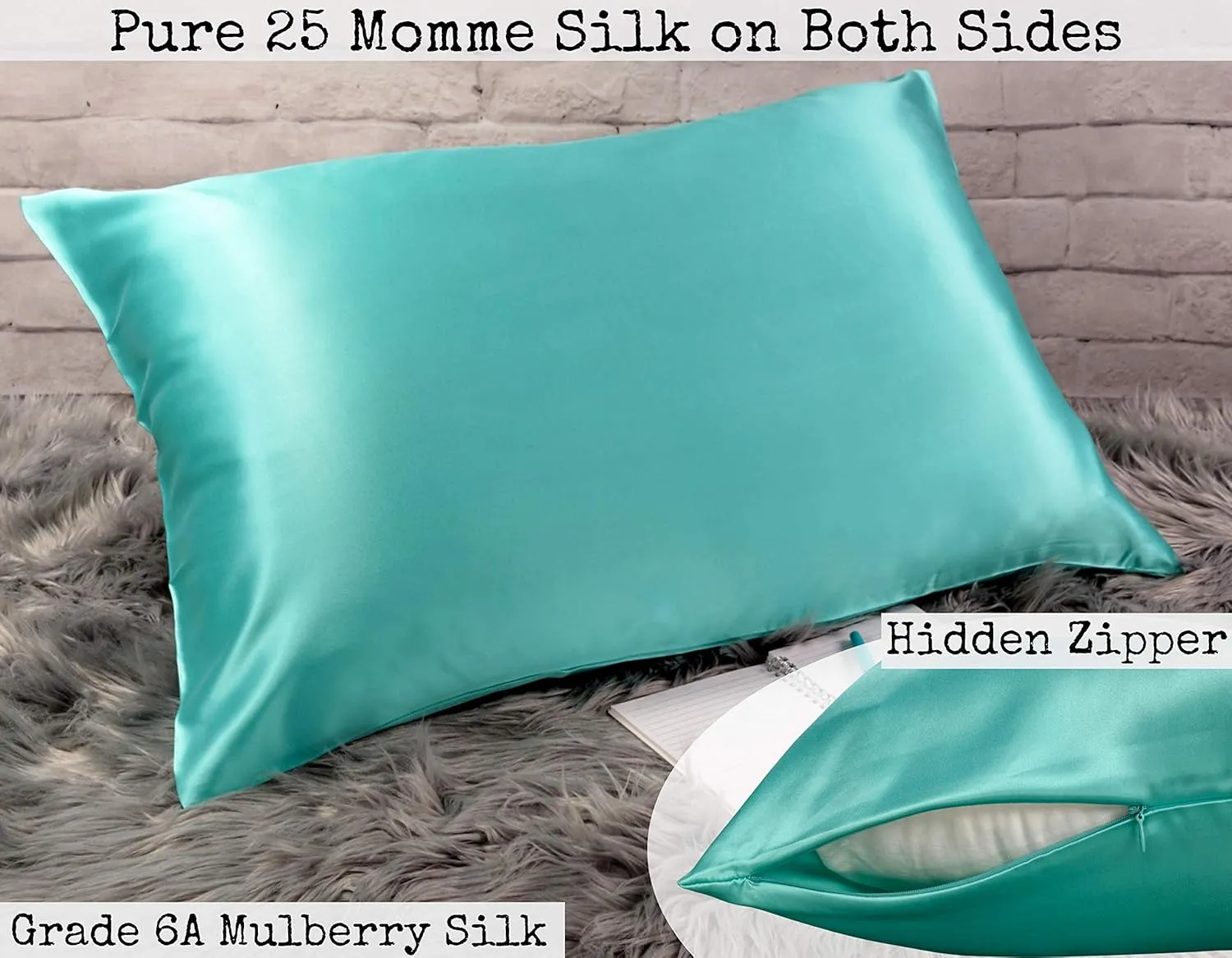 Celestial Silk 100% Pure Mulberry Silk Pillowcase Premium 25 Momme for Hair and Skin Charmeuse Silk on Both Sides of Cover -Gift Wrapped- Hidden Zipper Closure (King, Aqua)