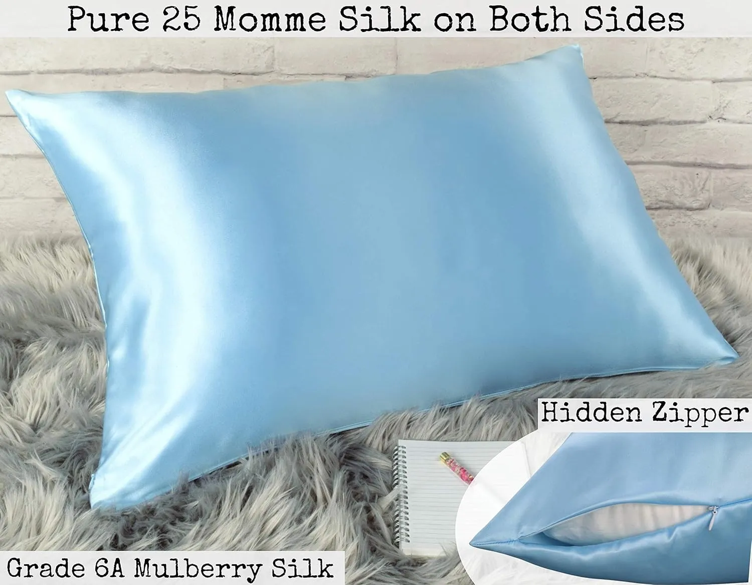 Celestial Silk 100% Silk Pillowcase for Hair Zippered Luxury 25 Momme Mulberry Silk Charmeuse Silk on Both Sides of Pillow Cover -Gift Wrapped- (King, ICY Blue)
