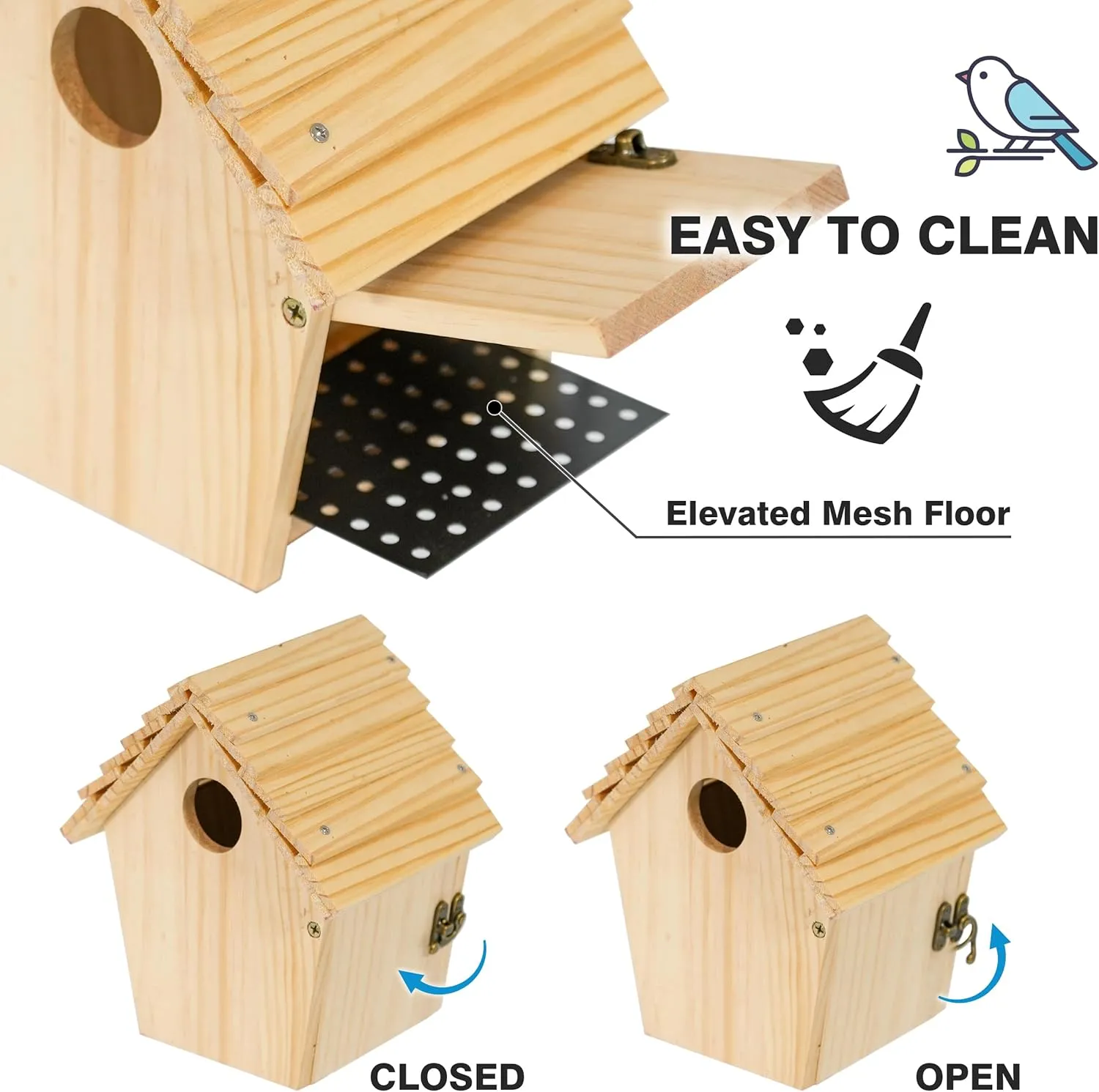 Chalet Style Large Bird House for Outdoor with Metal Tube, Thicken Wooden Hanging Birdhouse with Clear View Panel Clear View Panel Predator Guard Nesting Box for Swallow Wren Chickadee