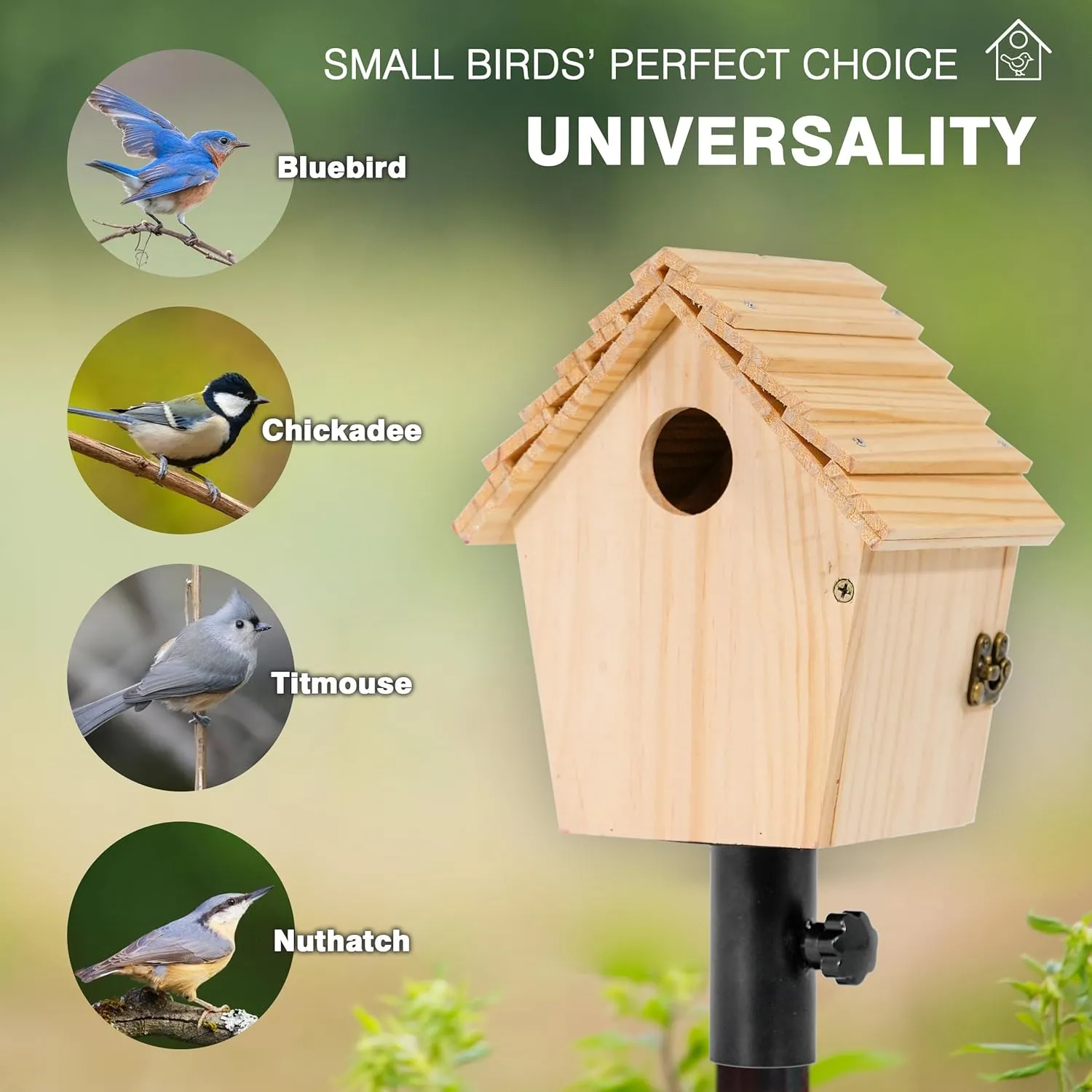 Chalet Style Large Bird House for Outdoor with Metal Tube, Thicken Wooden Hanging Birdhouse with Clear View Panel Clear View Panel Predator Guard Nesting Box for Swallow Wren Chickadee