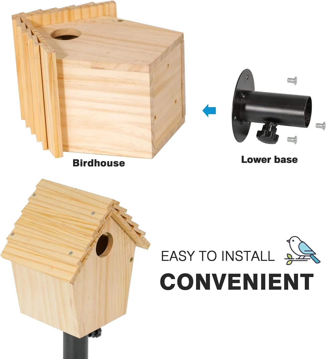 Chalet Style Large Bird House for Outdoor with Metal Tube, Thicken Wooden Hanging Birdhouse with Clear View Panel Clear View Panel Predator Guard Nesting Box for Swallow Wren Chickadee