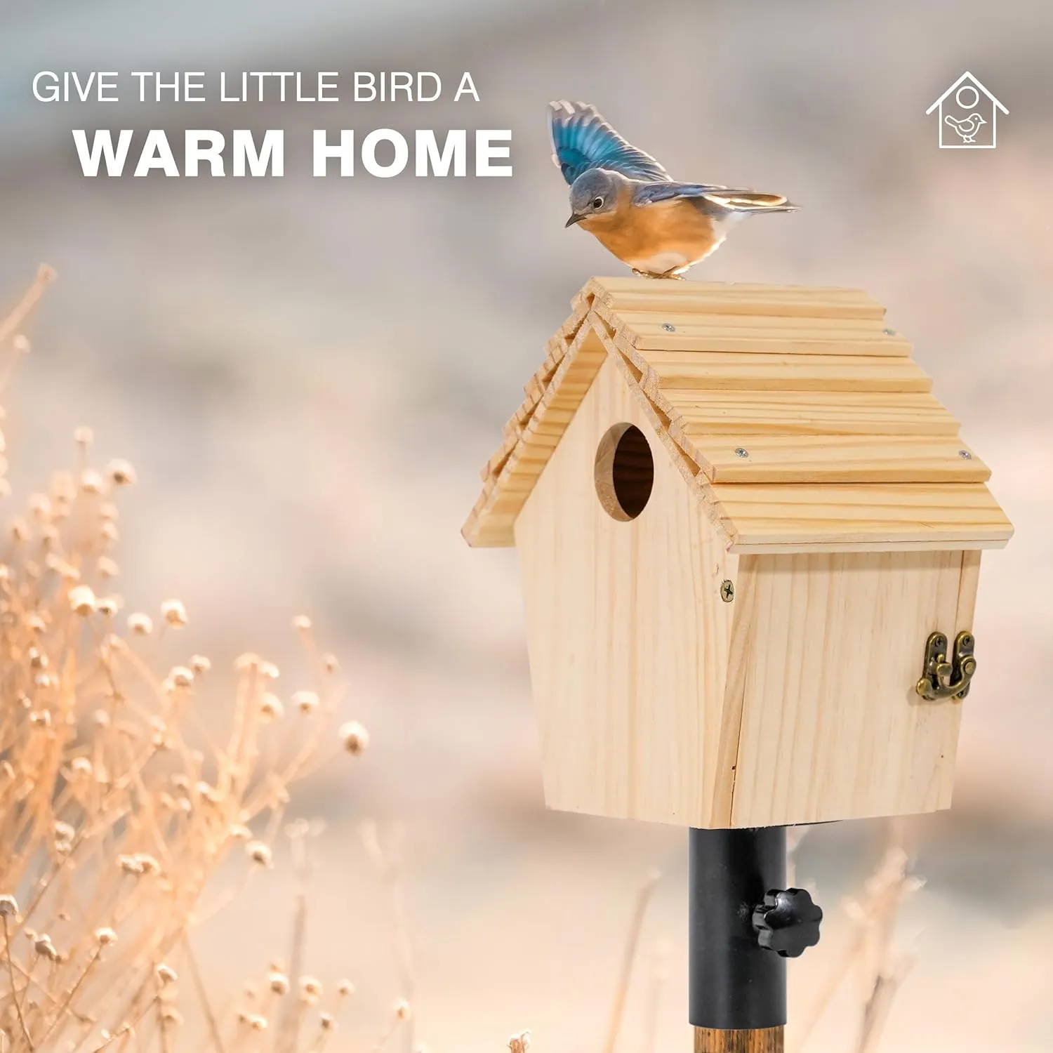 Chalet Style Large Bird House for Outdoor with Metal Tube, Thicken Wooden Hanging Birdhouse with Clear View Panel Clear View Panel Predator Guard Nesting Box for Swallow Wren Chickadee