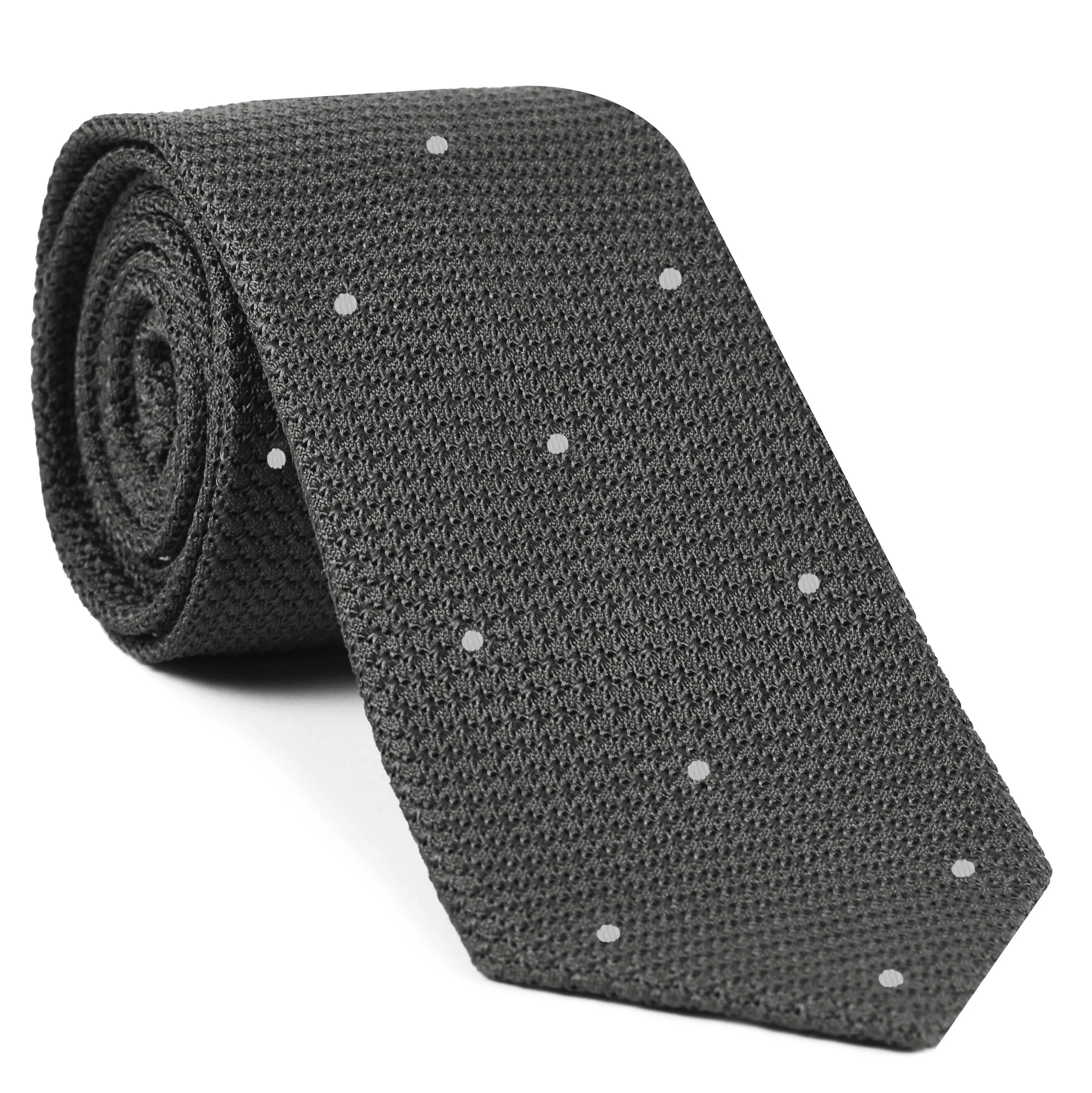 Charcoal Gray Grenadine Grossa with White (Hand Sewn) Pin Dots Silk Tie #GGDT-20 (1)