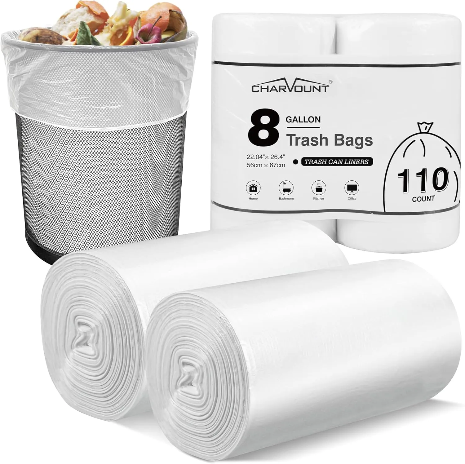 Charmount 8 Gallon Trash Bags, 110 Count Medium Garbage Bags Trash Can Liners for Bathroom Kitchen Office, Clear, Unscented