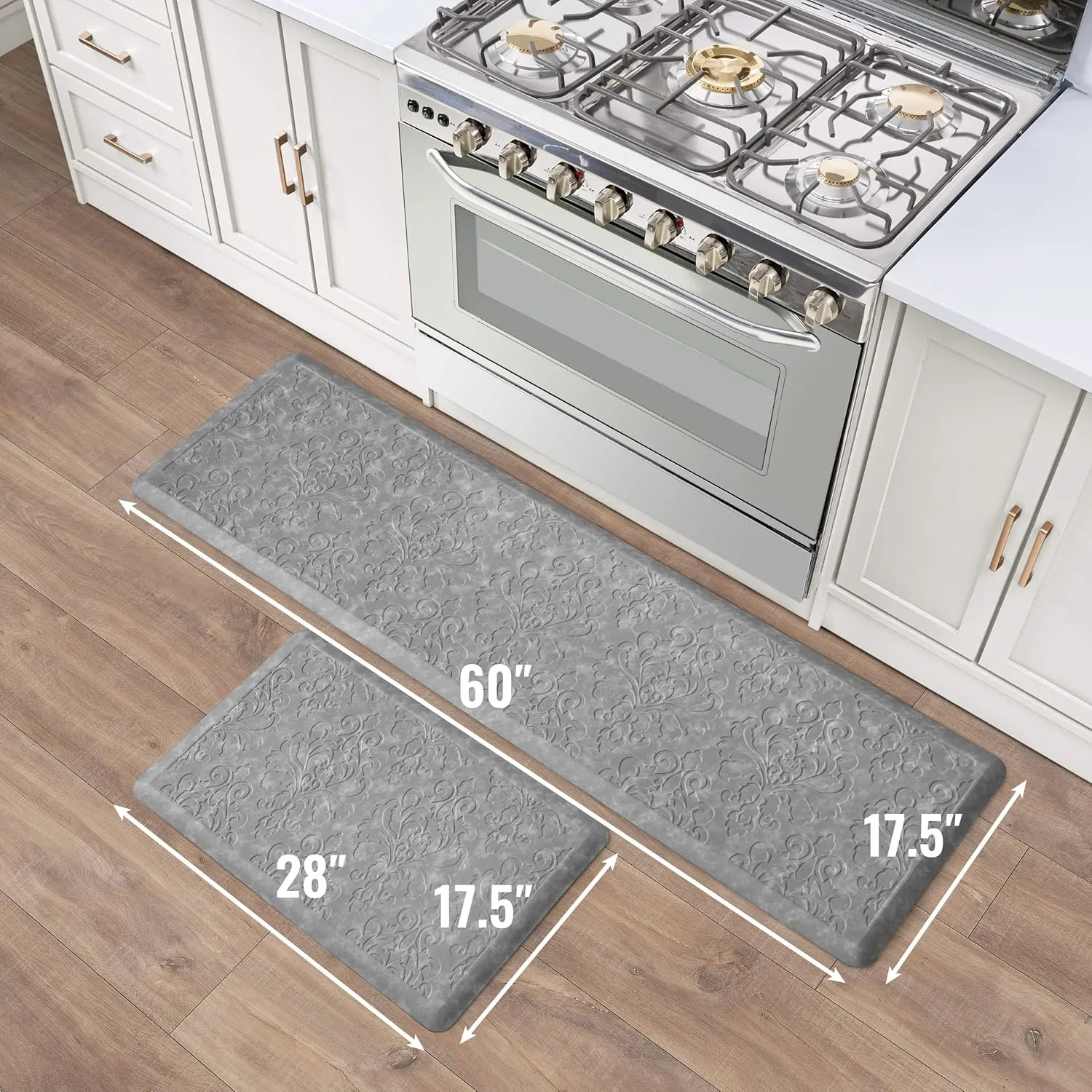 Chef Gear - Anti-Fatigue Wellness Kitchen Mat - Marni Design - Cushioned Comfort Chef Mat - Faux Leather - Cooking & Standing Relief -Skid-Resistant - Set of 2-17.5"x 60"/ 17.5"x28"- Grey