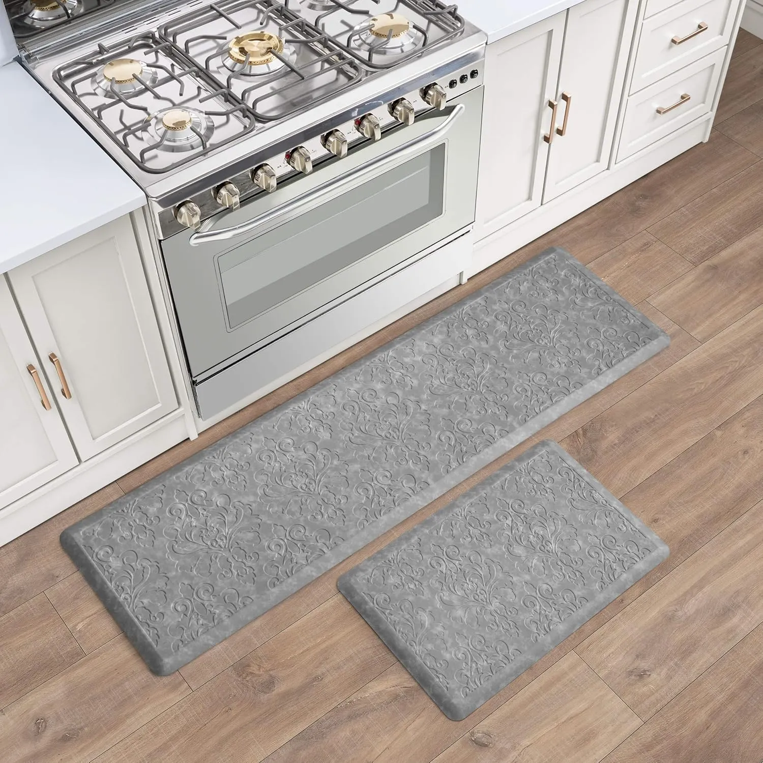 Chef Gear - Anti-Fatigue Wellness Kitchen Mat - Marni Design - Cushioned Comfort Chef Mat - Faux Leather - Cooking & Standing Relief -Skid-Resistant - Set of 2-17.5"x 60"/ 17.5"x28"- Grey