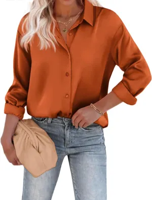 Chigant Women's Blouse Satin Silk Shirts Button Down Shirts Casual Loose Long Sleeve Office Work Tunic Tops