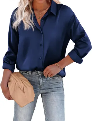 Chigant Women's Blouse Satin Silk Shirts Button Down Shirts Casual Loose Long Sleeve Office Work Tunic Tops