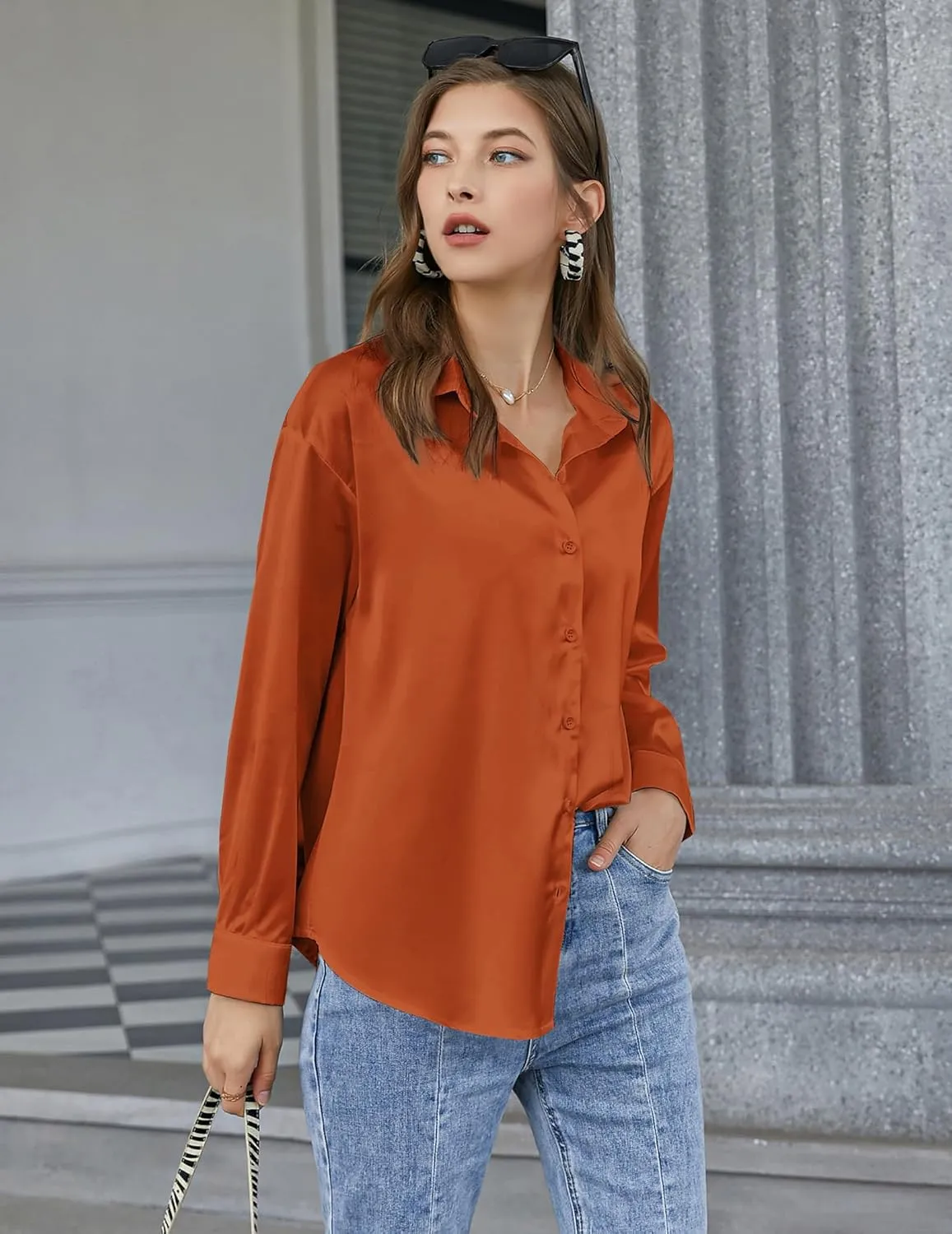 Chigant Women's Blouse Satin Silk Shirts Button Down Shirts Casual Loose Long Sleeve Office Work Tunic Tops