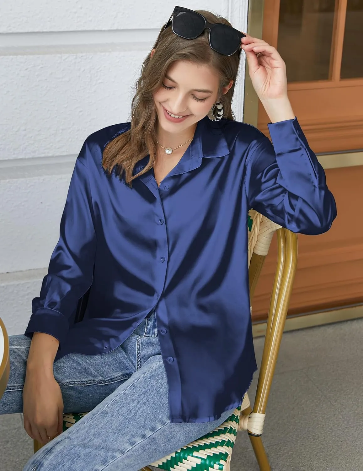 Chigant Women's Blouse Satin Silk Shirts Button Down Shirts Casual Loose Long Sleeve Office Work Tunic Tops