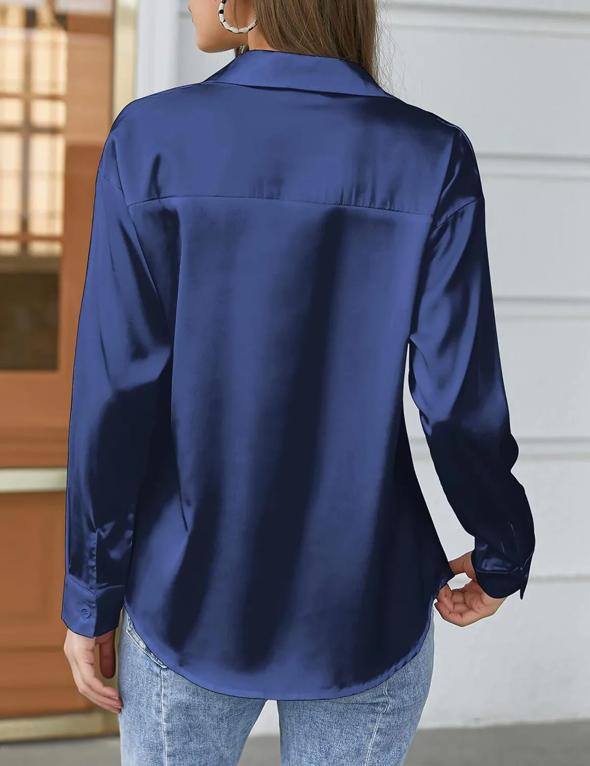 Chigant Women's Blouse Satin Silk Shirts Button Down Shirts Casual Loose Long Sleeve Office Work Tunic Tops