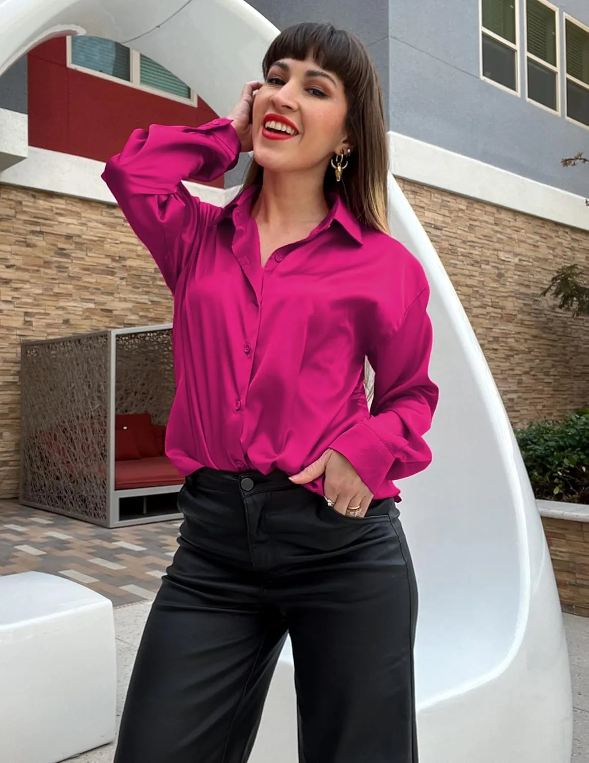 Chigant Women's Blouse Satin Silk Shirts Button Down Shirts Casual Loose Long Sleeve Office Work Tunic Tops