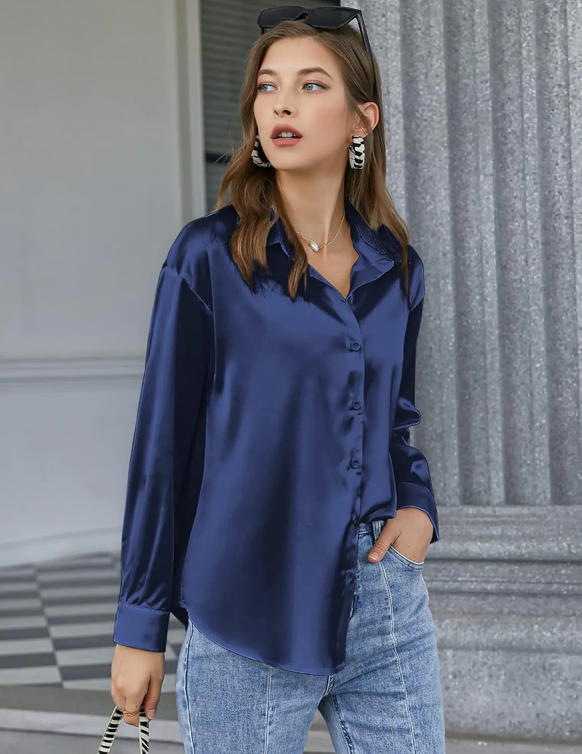 Chigant Women's Blouse Satin Silk Shirts Button Down Shirts Casual Loose Long Sleeve Office Work Tunic Tops