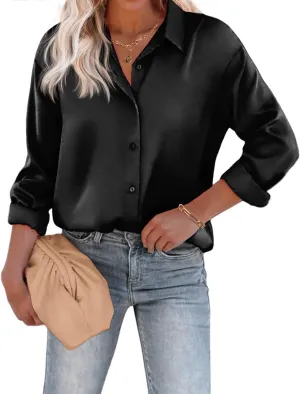 Chigant Women's Blouse Satin Silk Shirts Button Down Shirts Casual Loose Long Sleeve Office Work Tunic Tops