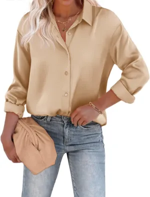 Chigant Women's Blouse Satin Silk Shirts Button Down Shirts Casual Loose Long Sleeve Office Work Tunic Tops