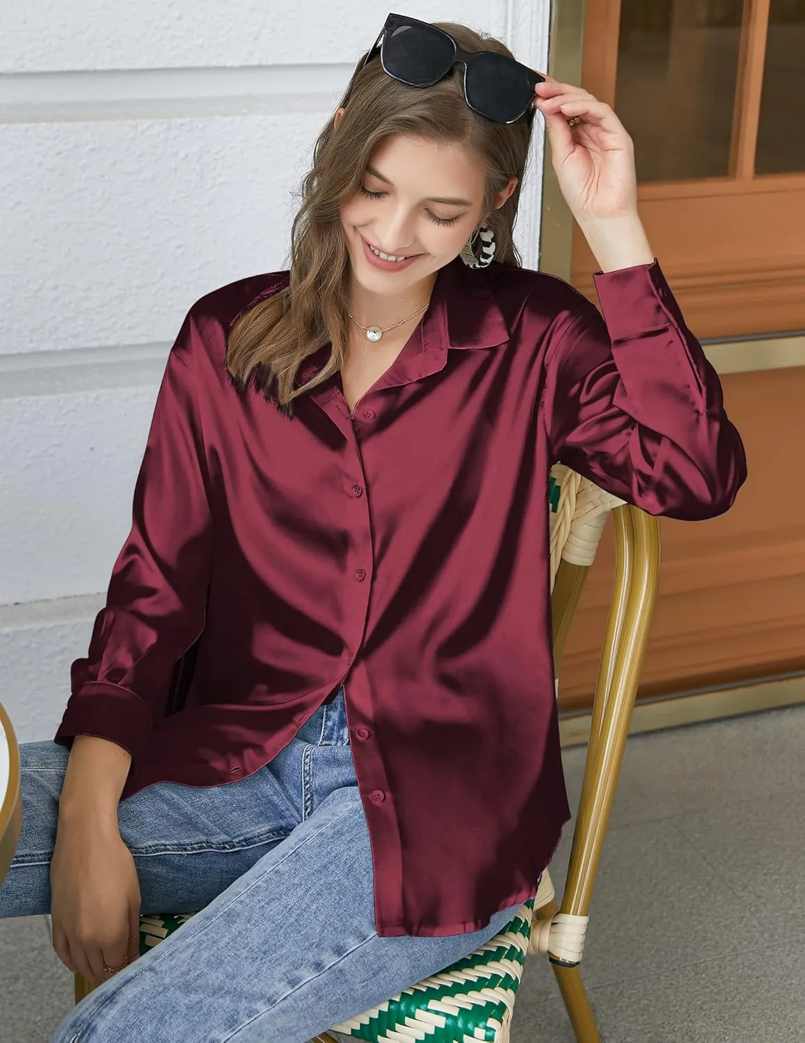 Chigant Women's Blouse Satin Silk Shirts Button Down Shirts Casual Loose Long Sleeve Office Work Tunic Tops