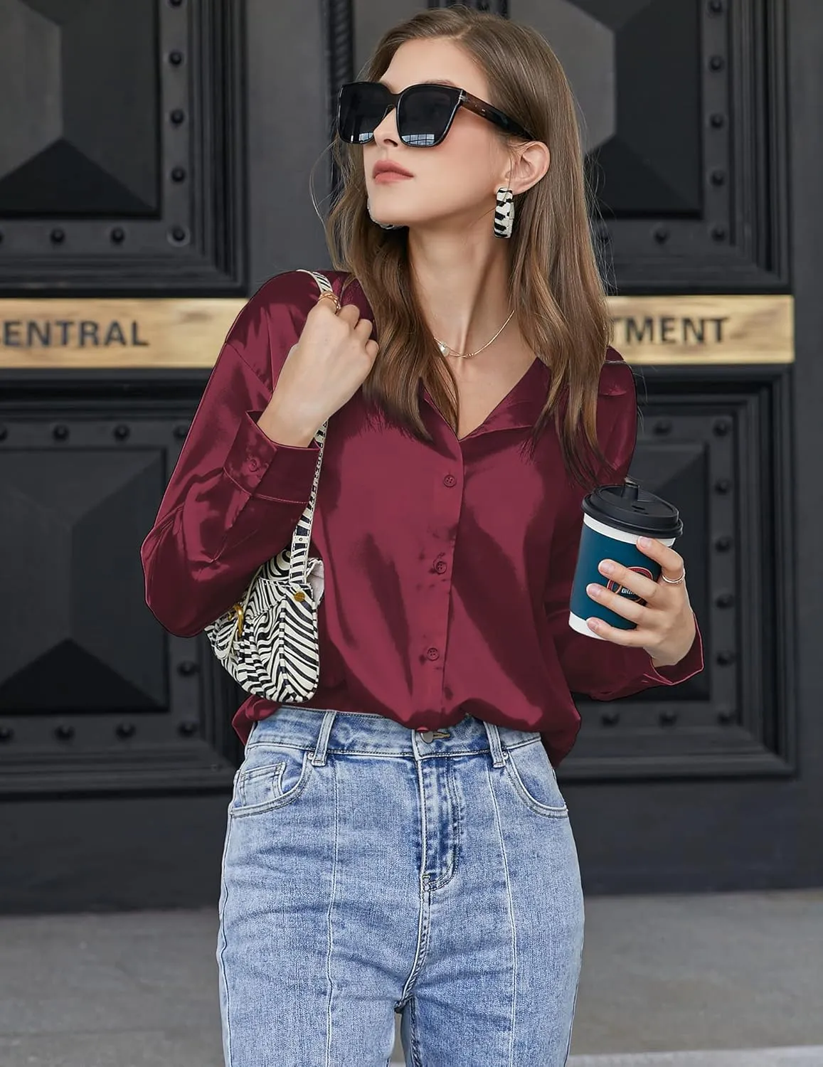 Chigant Women's Blouse Satin Silk Shirts Button Down Shirts Casual Loose Long Sleeve Office Work Tunic Tops