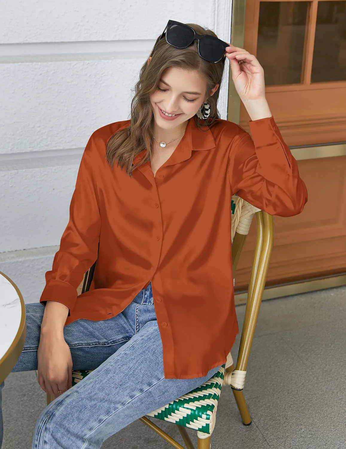 Chigant Women's Blouse Satin Silk Shirts Button Down Shirts Casual Loose Long Sleeve Office Work Tunic Tops