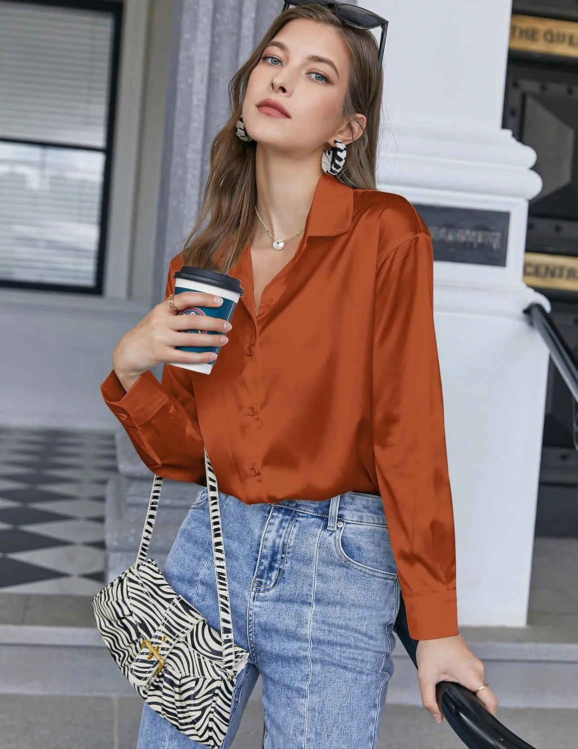 Chigant Women's Blouse Satin Silk Shirts Button Down Shirts Casual Loose Long Sleeve Office Work Tunic Tops