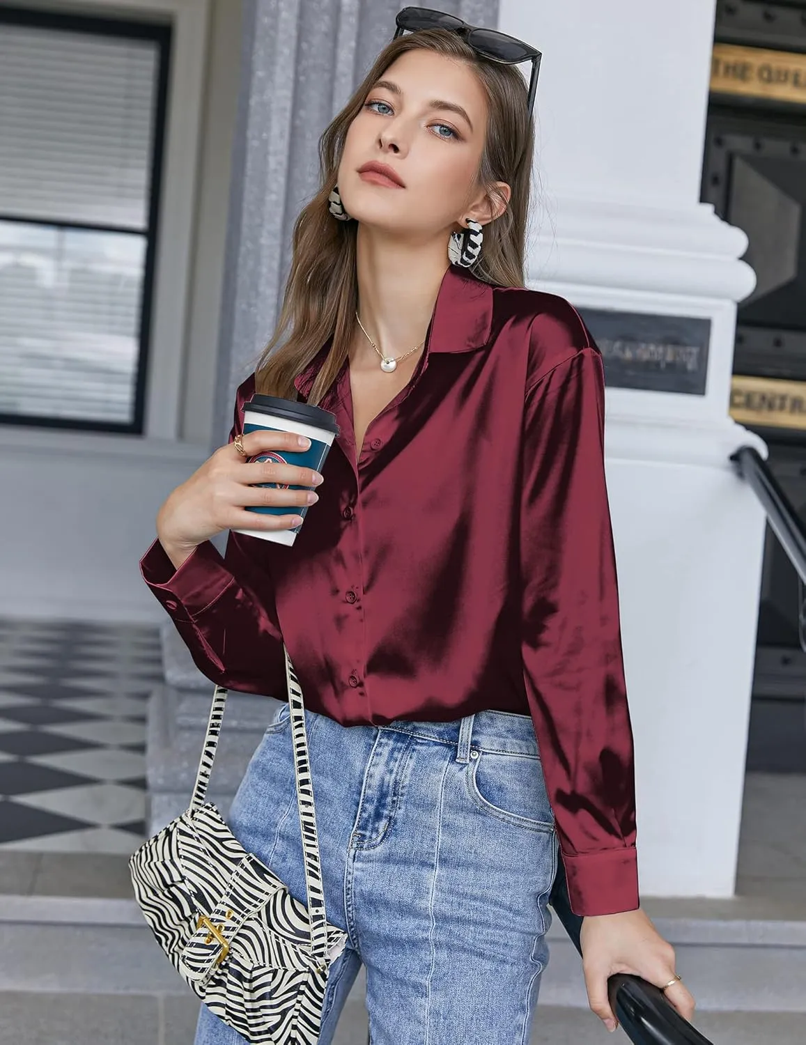 Chigant Women's Blouse Satin Silk Shirts Button Down Shirts Casual Loose Long Sleeve Office Work Tunic Tops