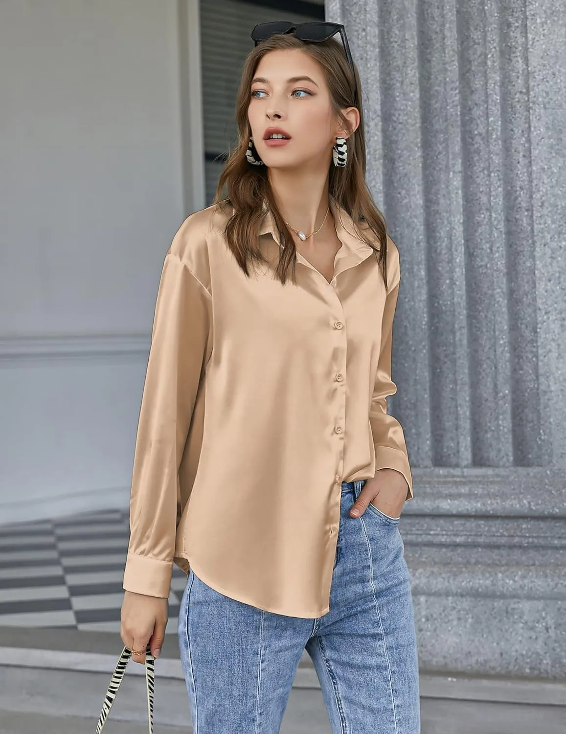 Chigant Women's Blouse Satin Silk Shirts Button Down Shirts Casual Loose Long Sleeve Office Work Tunic Tops