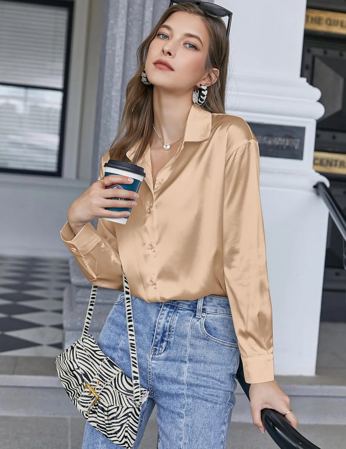 Chigant Women's Blouse Satin Silk Shirts Button Down Shirts Casual Loose Long Sleeve Office Work Tunic Tops
