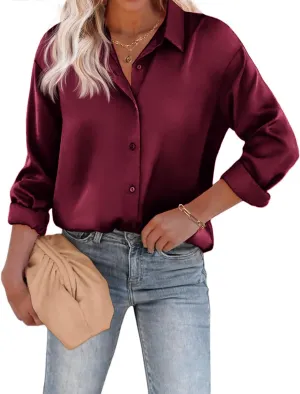 Chigant Women's Blouse Satin Silk Shirts Button Down Shirts Casual Loose Long Sleeve Office Work Tunic Tops