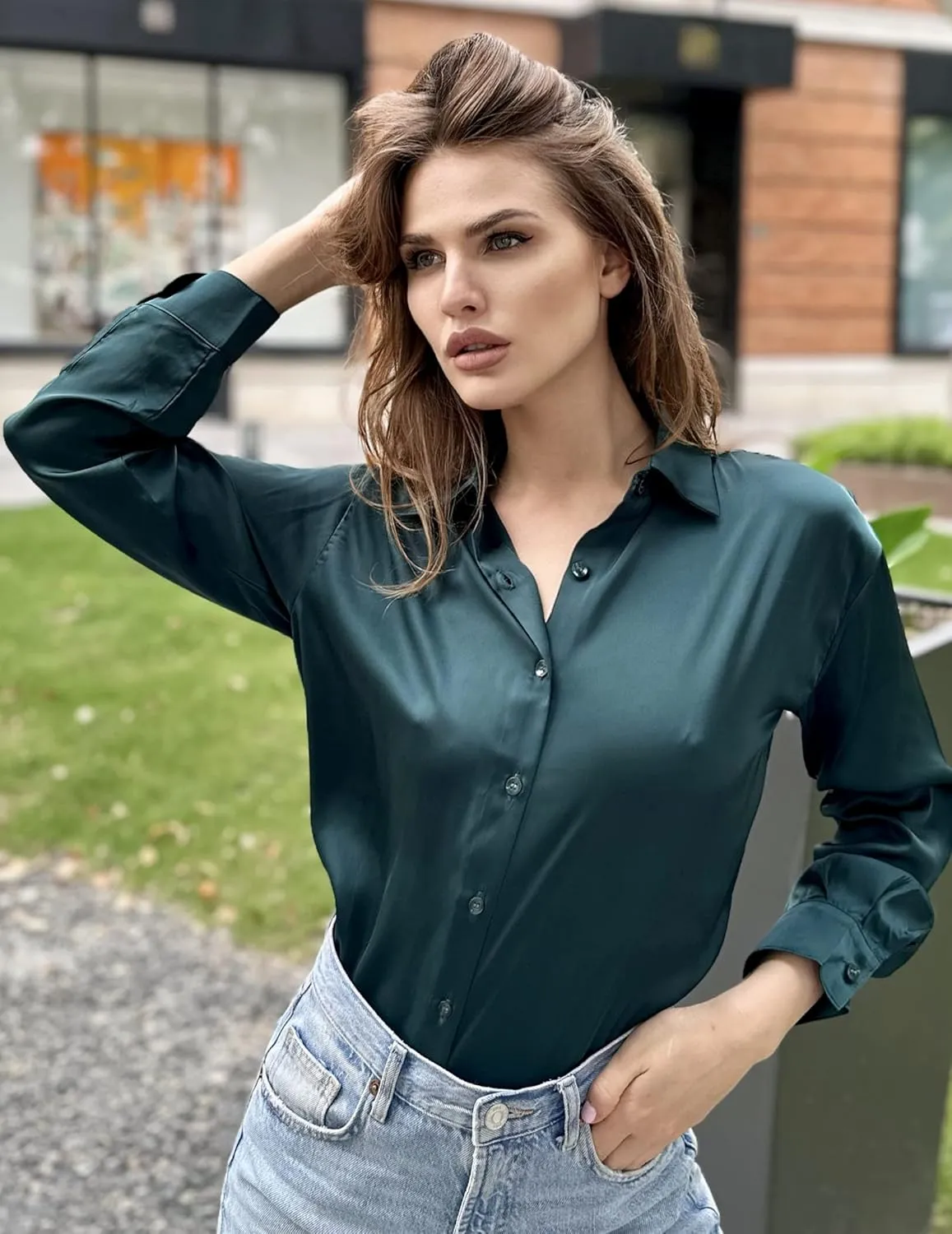 Chigant Women's Blouse Satin Silk Shirts Button Down Shirts Casual Loose Long Sleeve Office Work Tunic Tops