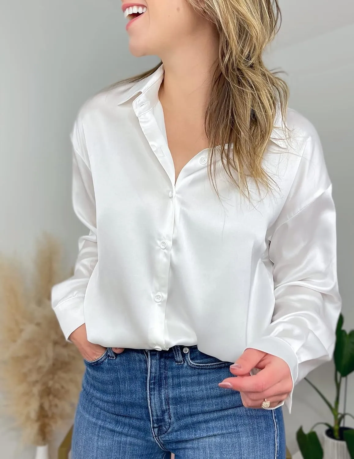 Chigant Women's Blouse Satin Silk Shirts Button Down Shirts Casual Loose Long Sleeve Office Work Tunic Tops