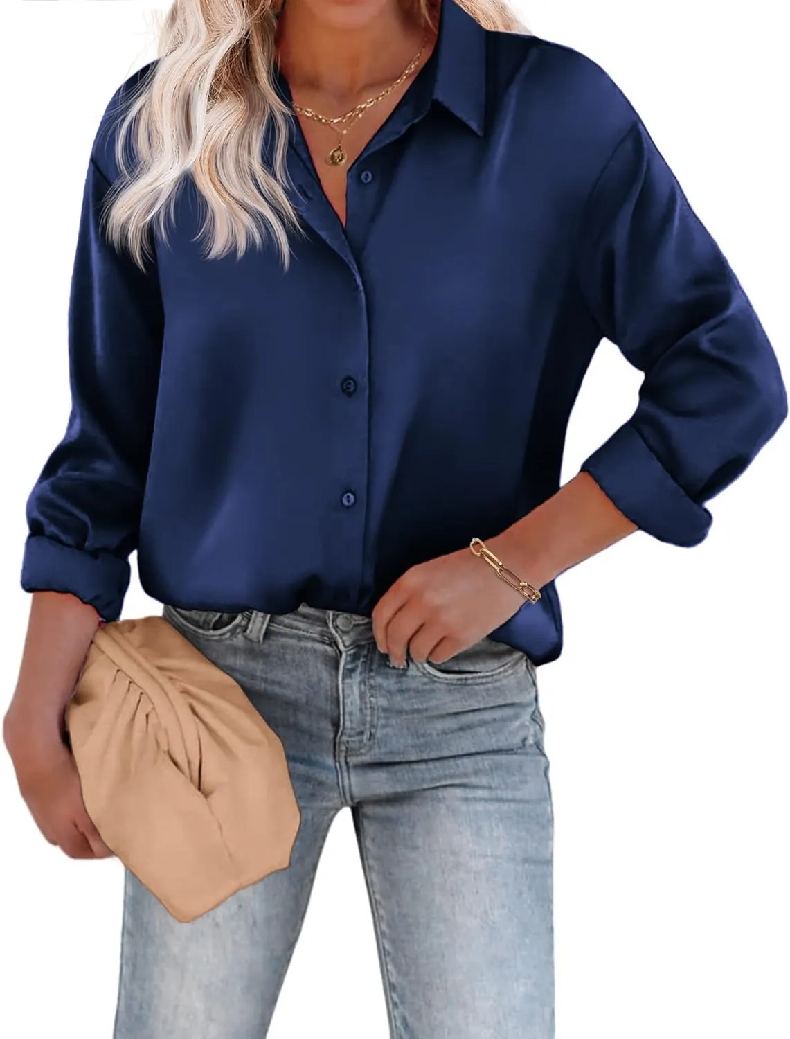 Chigant Women's Blouse Satin Silk Shirts Button Down Shirts Casual Loose Long Sleeve Office Work Tunic Tops